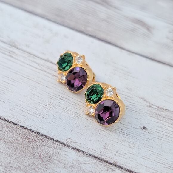Vintage Museum of Fine Arts Boston Clip On Earrings Green, Purple, Clear Gems - Picture 2 of 5